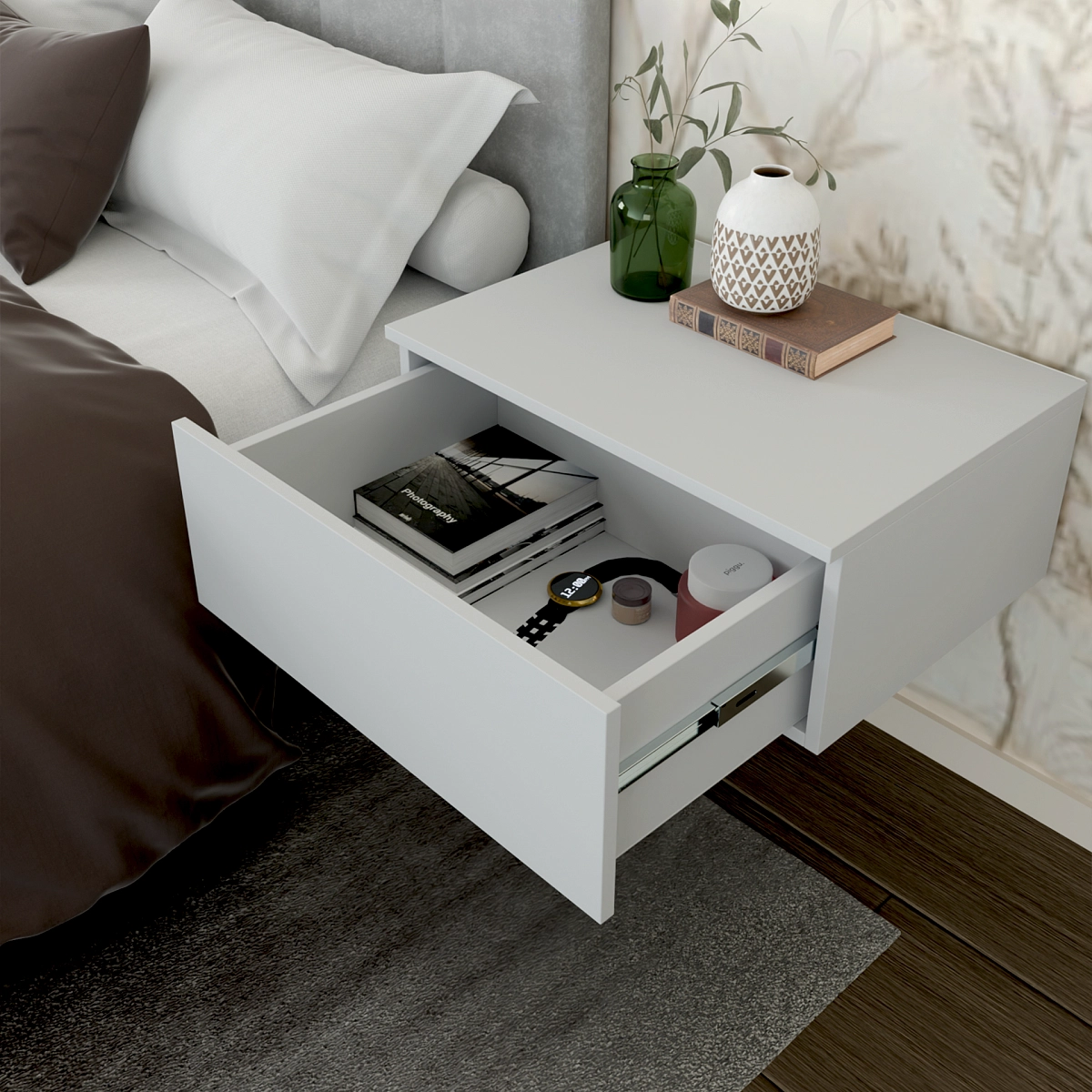 Тумба подвесная прикроватная Рэя Серая